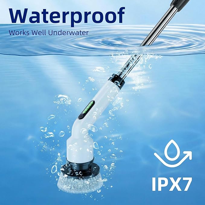 Electric Spin Scrubber Cordless IPX7 Waterproof Cleaning Brush with Dual-Hook Design 7 Replaceable Brush Heads Adjustable Telescopic Handle &amp 2 Speeds for Bathroom Kitchen Floor