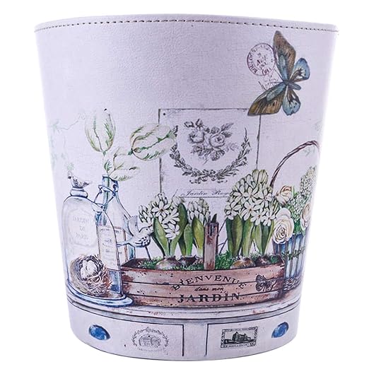 Wastebasket British Style PU Leather Round Decorative Trash Bin Garbage Can Wastebasket Without Lid for Living Room Home Office - Plants and Butterfly