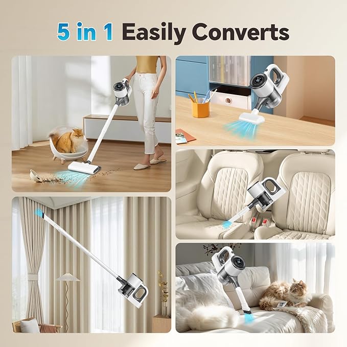 Cordless Vacuum Cleaner for Home Powerful Stick Vacuum Cleaner with LED Screen and 3-Speed Suction Rechargeable Vacuum Cordless Lightweight Handheld Vacuum for Hard Floors Carpets Pet Hair White