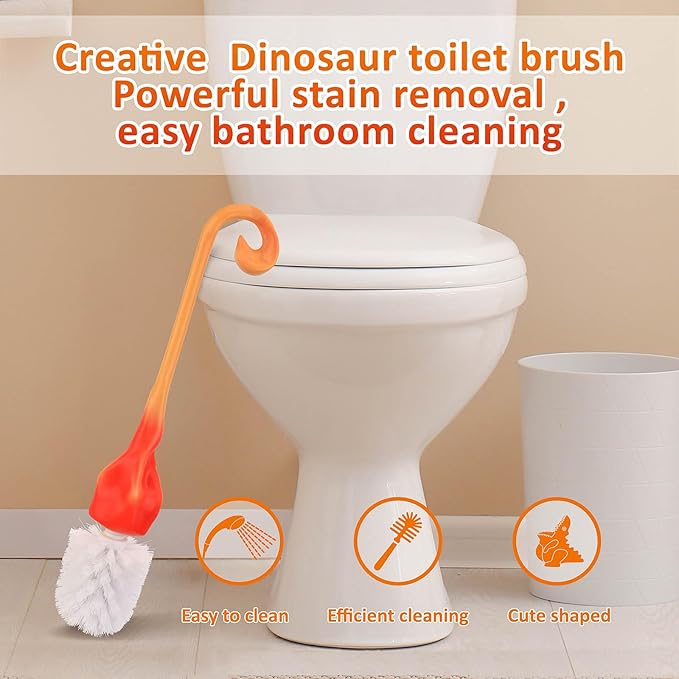 Creative Dinosaur Toilet Brush Toilet Bowl Brush and Holder Flexible Toilet Bowl Brush Head Bathroom DinosaurToilet Bowl Brush for Deeply CleaningCute Bathroom Accessories (Orange)