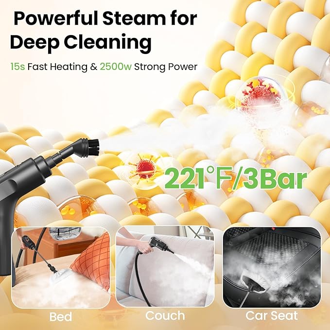 Handheld Steam Cleaner for Home 2500W High Pressure Steam Cleaner for Car Detailing 3 Steam Levels 1600Ml Tank High Heat Steamer for Bed Bugs Couch Furniture Kitchen Bathroom Floors
