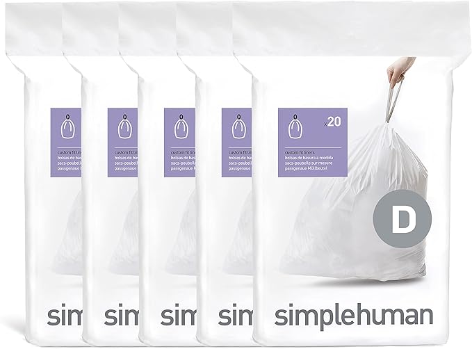 simplehuman Code D 100 Count Dispenser Pack Custom Fit Liners Drawstring Trash Bags 20 Liter / 5.3 Gallon White