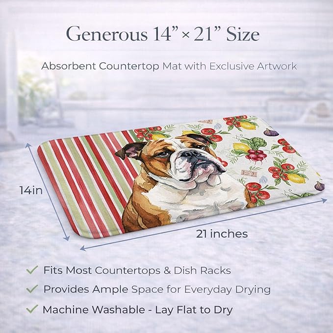 Caroline's Treasures Brindle and White English Bulldog Vegetables Dish Drying Mat Absorbent Dish Drying Mat Pad for Kitchen Counter Dish Drainer Mat for Countertop 14 x 21 Multicolor