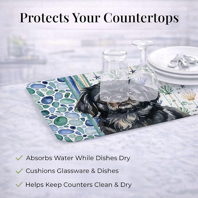 Caroline's Treasures Black Pekingese Coastal Sea Glass Dish Drying Mat Absorbent Dish Drying Mat Pad for Kitchen Counter Dish Drainer Mat for Countertop 14 x 21 Multicolor