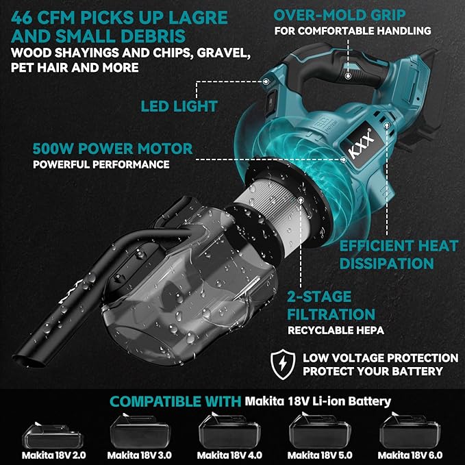 Cordless Vacuum for Makita 18V Battery 5 in 1 Handheld Electric Vacuum Cleaner with 500W Powerful Motor 46 CFM Portable Hand Vacuum with Filtration HEPA for Floor Carpet Car (Battery Not Included)