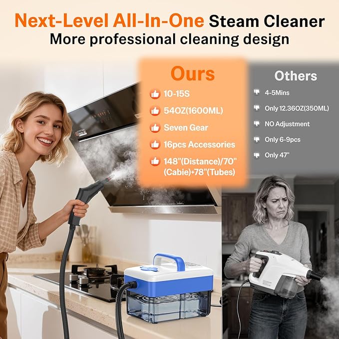 2500W Handheld Steam Cleaner with 16pcs Accessories &amp 1.6L Tank 10S Fast Heating &amp High Temperature Portable Steam Cleaner for Home Car Steamer for Cleaning Windows Grout Upholstery and M
