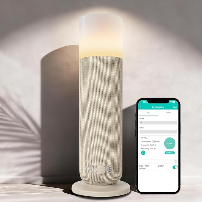 Smart Waterless Essential Oil DiffuserScent Diffuser for HomeHotel Collection Diffuser APP ControlAmbient LightingCovers Up to 2000 Sq.Ft Aromatherapy Diffuser for Bedroom Spa Yoga Office Beige