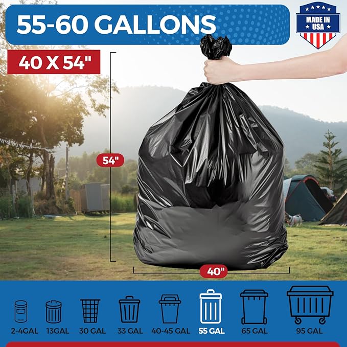 Fuxury 60 Gallon Trash Bags Medium Duty 100 Count Garbage Bags 38 x 58 Extra Large Black Trash Bags 0.9 Mil Plastic Bags for Serious Garbage Cleanup Made in USA