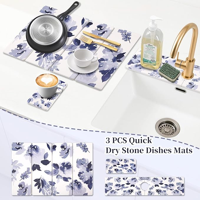 3 PCS Stone Dish Drying Mat for Kitchen Counter Quick Dry Foldable Stone Dishes Mats Water Absorbing Diatomaceous Earth Drying Organizer for Dishes Bottles Cups and Tableware (Blue)