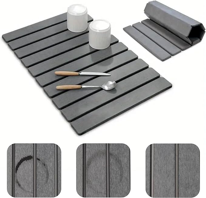 Large Stone Dish Drying Mat for Kitchen Counter 24x16 Inches Diatomaceous Earth 1-Second Absorption Quick-Dry Foldable Non-Slip Easy to Clean for Dishes - Dark Gray