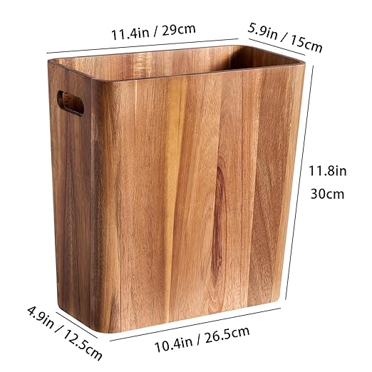 LiTY 3 Gallons Wooden Wastebaskets Solid Acacia Wood Waste Basket with Handles Rectangular Trash Can Garbage Bin for Bedroom Bathroom Kitchen Living Room Office Decorative