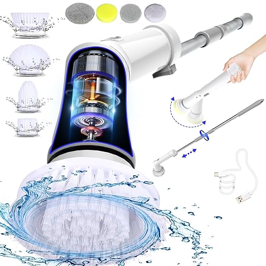 UBeesize Electric Spin ScrubberLong Cordless Cleaning BrushRotatable Shower Scrubber with 8 Replaceable HeadsAdjustable Detachable Handle Bathroom Scrubber for BathtubTileFloor and Car Cleaning