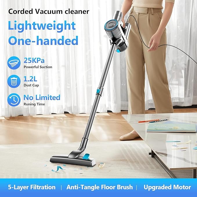 Corded Stick Vacuum Cleaner 25Kpa Powerful Stick Vacuum 2 in 1 Vacuum Cleaners1.2 L Dust Cup Corded Handheld Vacuum Pet for Hair Short-Pile Carpet Hardfloor (Sky Blue)