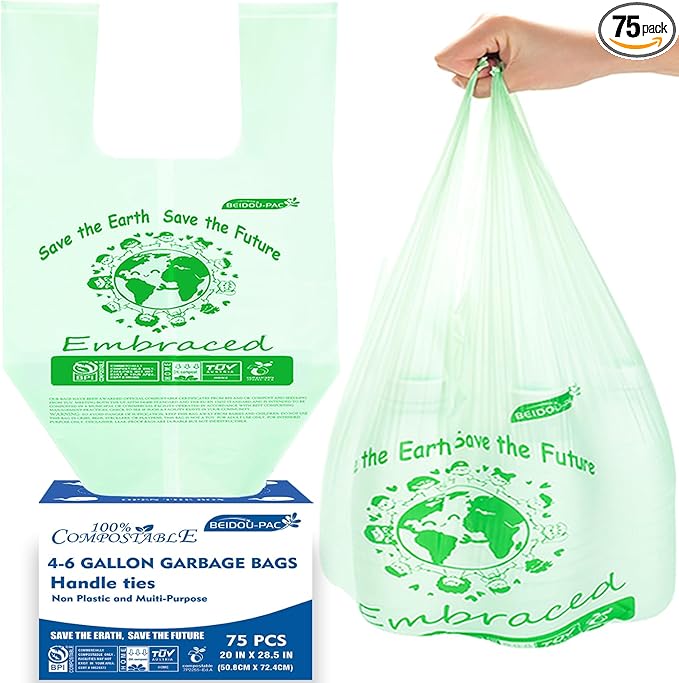 4-6 Gallon Compostable Trash Bags 75 Count Kitchen Compost Bags With Handle Sturdy Biodegradable Garbage for Food Scrap Waste ASTM D6400 US BPI Certified