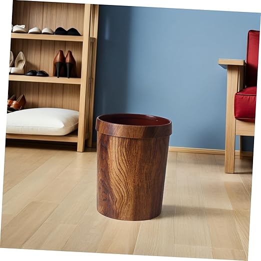 Vintage Woodgraining Container Plastic Trash Can with Pressure Ring for Living Bedroom Classic Solid Wood Pattern Bin Material Waste Basket