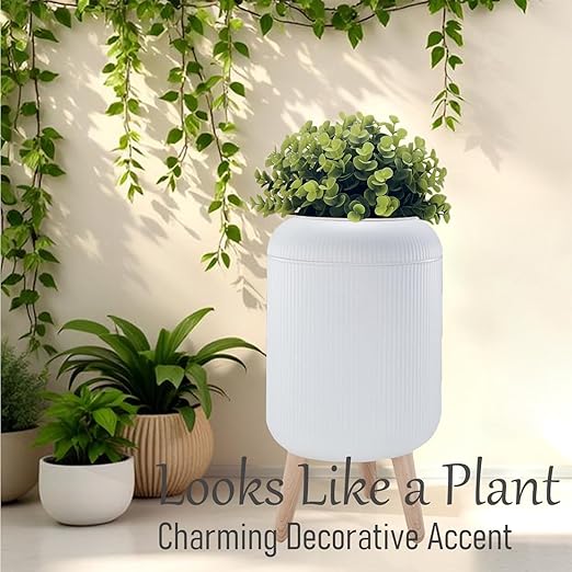Yatmung Bathroom Trash Can with Lid - Small Bathroom Garbage Can - Bedroom Office Living Room Entryways - Disguised Decorative Trash Bin (Faux Plant) - Plastic Hidden Waste Basket - 2.7 Gal White