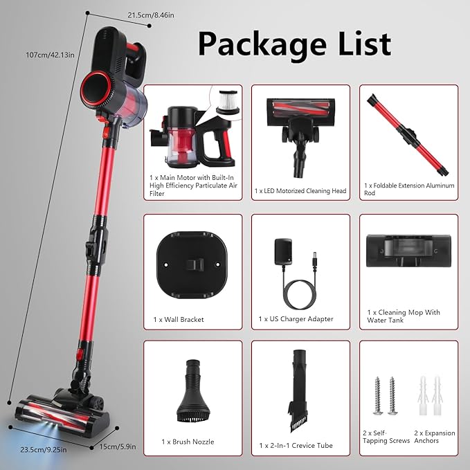 KOCASO Cordless Vacuum Cleaner - Powerful 12000PA Suction Lightweight Rechargeable Stick Vacuum 2 Adjustable Speeds 4 Versatile Cleaning Tools LED Light 180° Foldable Design for Home &amp Car Us