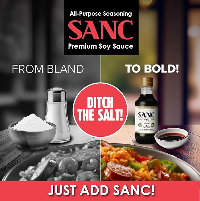 SANC All Purpose Korean Soy Sauce 29.1 Fl Oz (Pack of 1) – Less-Sodium Salt Substitute NON-GMO Bean No Artificial Additives Naturally Brewed Soy Sauce with Music Fermentation