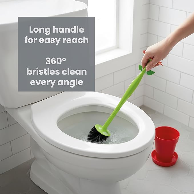 Vigar Flower Power Toilet Brush and Holder Set Toilet Bowl Cleaner with Daisy-Shaped Handle Flowerpot Base and Saucer for House and Bathroom Red