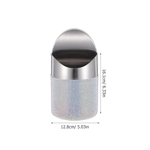 TOYANDONA Mini Trash Can with Flip Lid Stainless Steel Round Desktop Wastebasket with Colorful Rhinestones Compact Garbage Bin for Bedroom Office Small Spaces