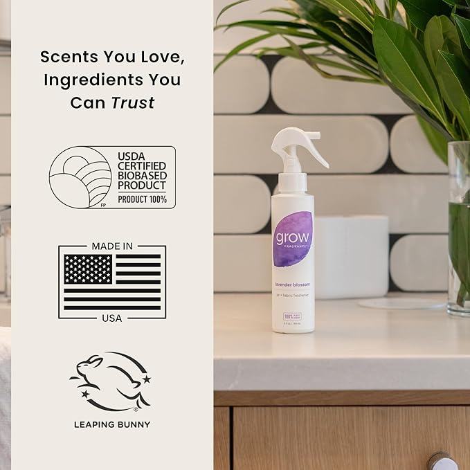 Grow Fragrance Scented Fabric and Room Air Freshener Spray - Certified Non-Toxic 100% Plant-Based Essential Oils - 5 oz (Lavender Blossom 2-Pack)
