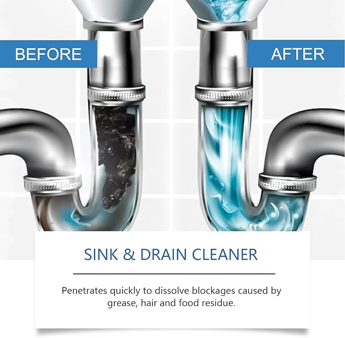Powerful Drain Unblocker for Kitchen and Toilet - Dissolves Grease &amp Food Residue Fast Eliminates Odors Keeps Drains Clear(1PCS)