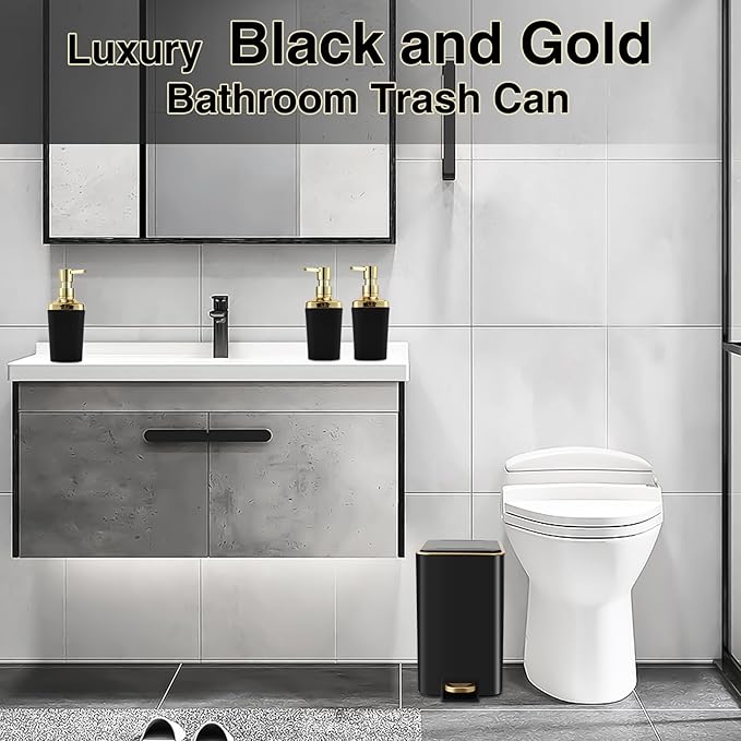Small Bathroom Trash Can with Lid Soft Close 1.8 Gallon Stainless Steel Garbage Can with Removable Inner Bucket3PCS Soap Dispenser75Count Trash Bag Slim Step Pedal Trash Bins