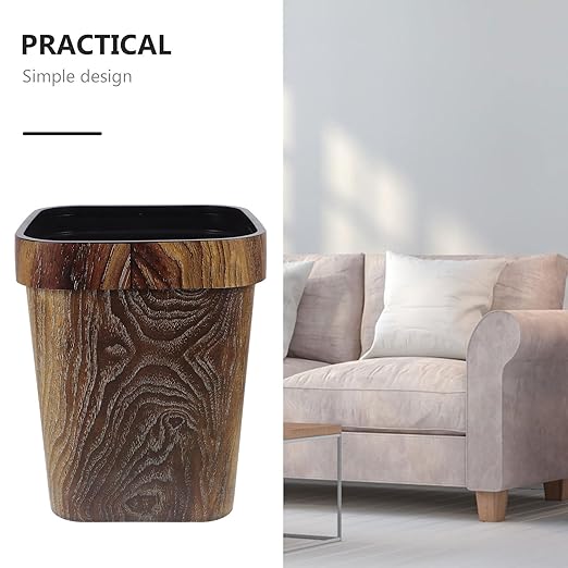 Wooden Pattern Square Trash Can 12l Rustic Office Wastebasket Decorative Kitchen Garbage Bin for Home Bathroom Paper Waste Basket