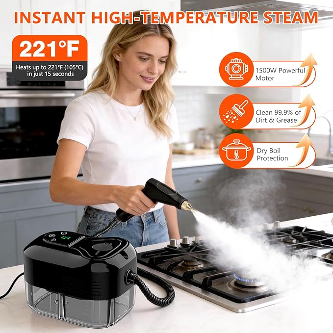 Steam Cleaner for Home &amp Car - 1200ML Water Tank 15s Heat-Up Portable Steamer for Cleaning 6 Level Handheld Steam Cleaner for Car Detailing with 6 Accessories for Furniture Grease Carpet Grout