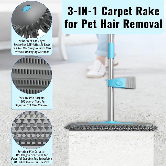 Carpet Rake for Pet Hair Removal Tool 2 in 1 Carpet Scraper with 59 Adjustable Handle Silicone Rug Rake for Dog &amp Cat Fur Hair Pet Hair Remover for Rugs Mats Couch Furniture Floor
