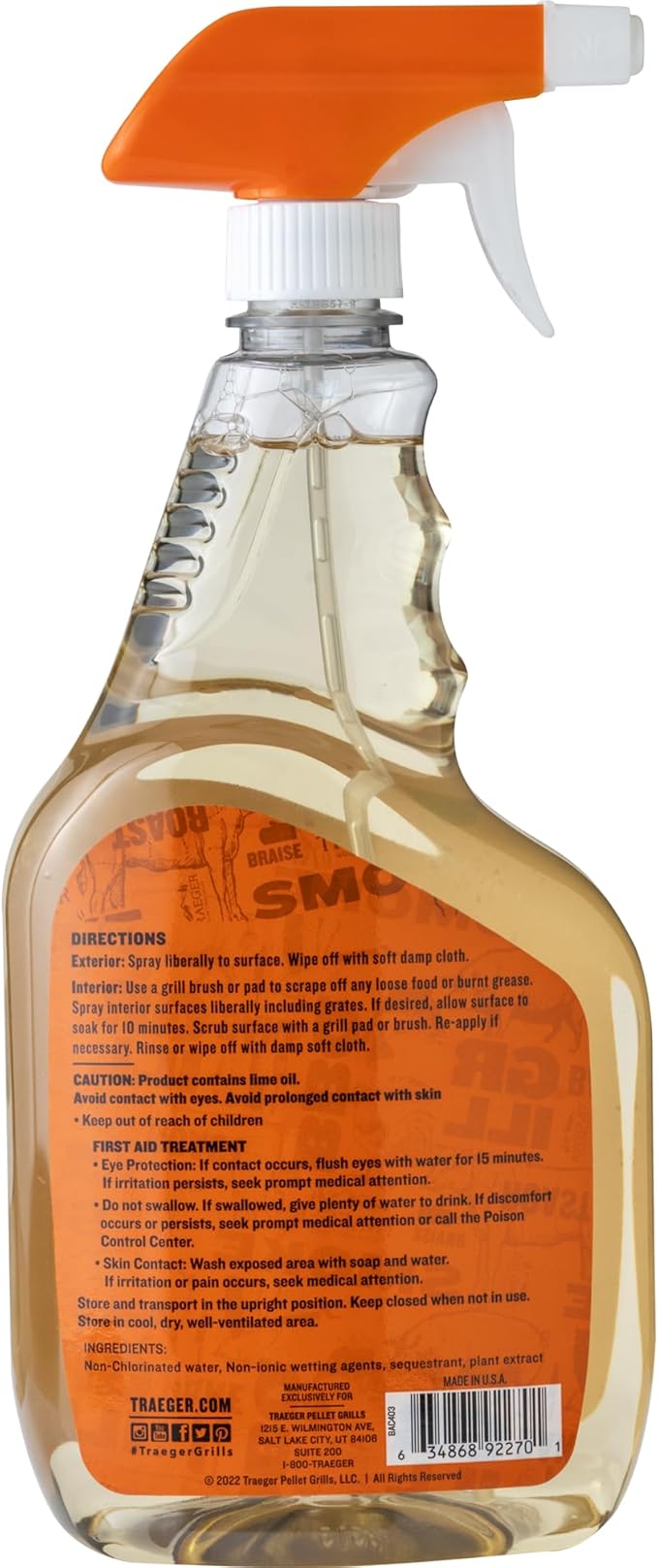 Traeger Grills BAC679 Grill Cleaner Spray BottleGrease CutterKeep Grill ShinyNo Harmful ChemicalsCitrus Scent946ml(Pack of 2)