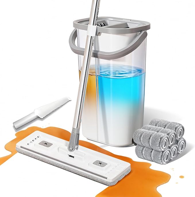 Mop and Bucket Set: 360° Flat Squeeze Mop with Long Handle &amp Wringer Bucket 6 Washable Microfiber Pads for Kitchen Bathroom Wall Cleaning Wet Dry Use Lovely Gift for Women