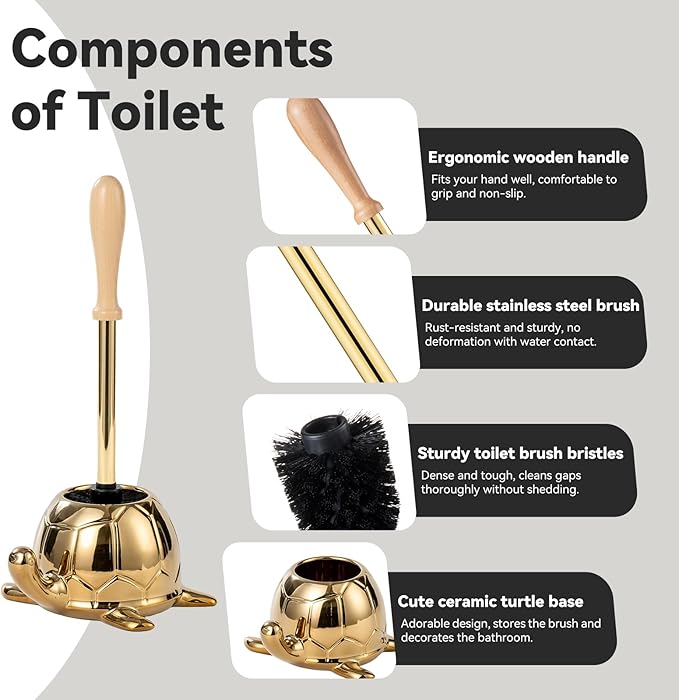 Turtle Base Toilet Brush Set - Gold Ceramic Toilet Scrubber Brush 7.5” Bowl Cleaner with Ergonomic Handle Mini Cute Bathroom Cleaning Brush - Bathroom Decor