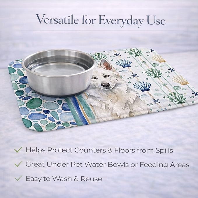 Caroline's Treasures White German Shepherd Coastal Sea Glass Dish Drying Mat Absorbent Dish Drying Mat Pad for Kitchen Counter Dish Drainer Mat for Countertop 14 x 21 Multicolor