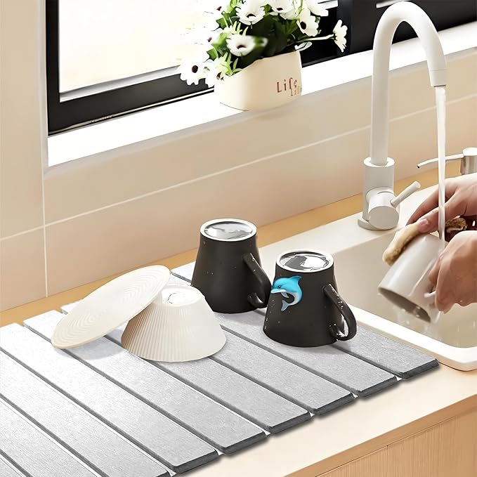 Stone Dish Drying Mat For Kitchen &amp Bathroom - Diatomaceous Earth Quick Dry Collapsible Non - Slip Pvc Rounded Corners 15.7 X 11.8 IN Absorbent Natural Material For Dishes Cups &amp More