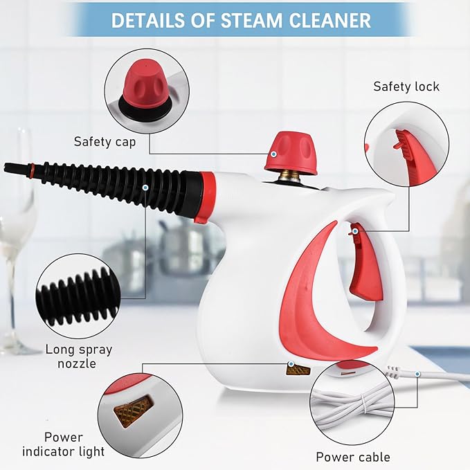 Handheld Steam Cleaner High Pressure Steam Cleaner with Temperature Control Multipurpose Power Steamer for Home Car Kitchen Bathroom Cleaning Includes 10 Accessories (US Plug 110‑120V)
