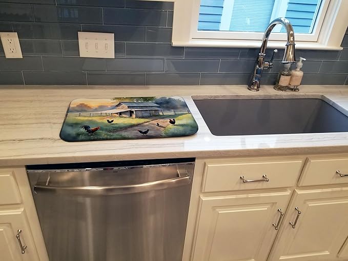 Caroline's Treasures Chicken Coop at Dawn Dish Drying Mat Absorbent Dish Drying Mat Pad for Kitchen Counter Dish Drainer Mat for Countertop 14 x 21 Multicolor