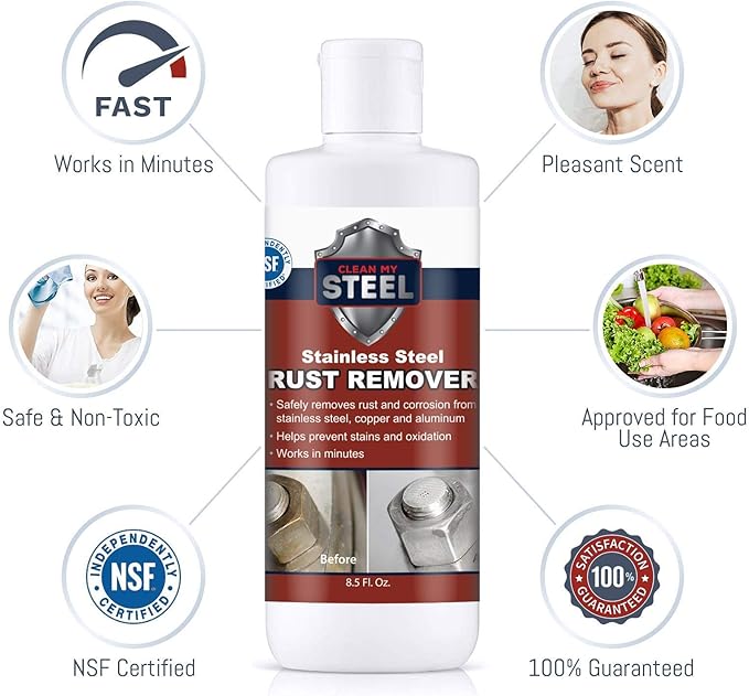 CLEAN MY STEEL – Stainless Steel Rust Stain Remover Kit with Protector – Fast Acting for Commercial Equipment Rust Cleaner for Appliances Grills &amp More – Food-Safe Stainless Steel Cleaner (4 oz)