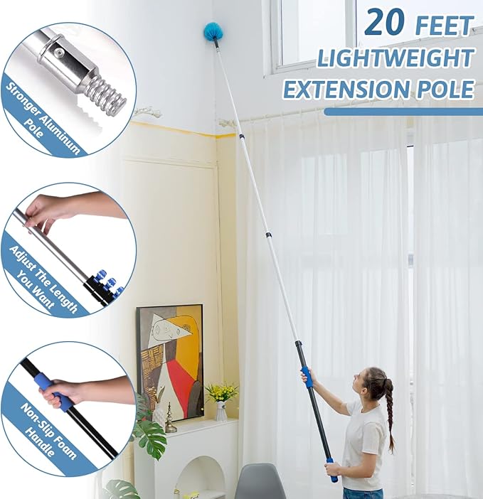 20 Foot Cobweb Duster with Extension Pole 2 PCS Webster Cobweb Duster for High Ceilings/Corners Spider Web Brush with Pole for Outdoor &amp Indoor Web Cleaning Outdoor Cobweb Brush Kit by MAYKI