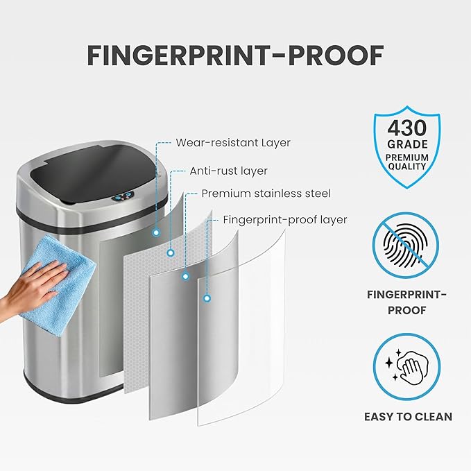 iTouchless 13 Gallon Oval Sensor Trash Can with Odor Filter Fingerprint-Proof Stainless Steel 50 Liter Automatic Kitchen Garbage Bin Smart Hands-Free Motion Lid Quiet Soft-Close Brushed Silver