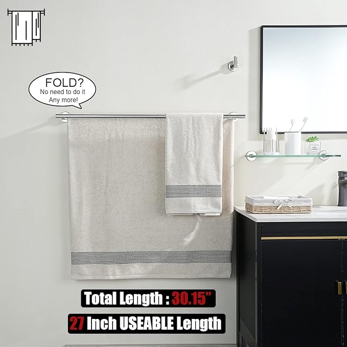 JQK Double Bath Towel Bar 30 Inch 304 Stainless Steel Thicken 0.8mm Towel Rack for Bathroom Towel Holder Polished Chrome Wall Mount Useable Length 27 Inch TB100L27-CH