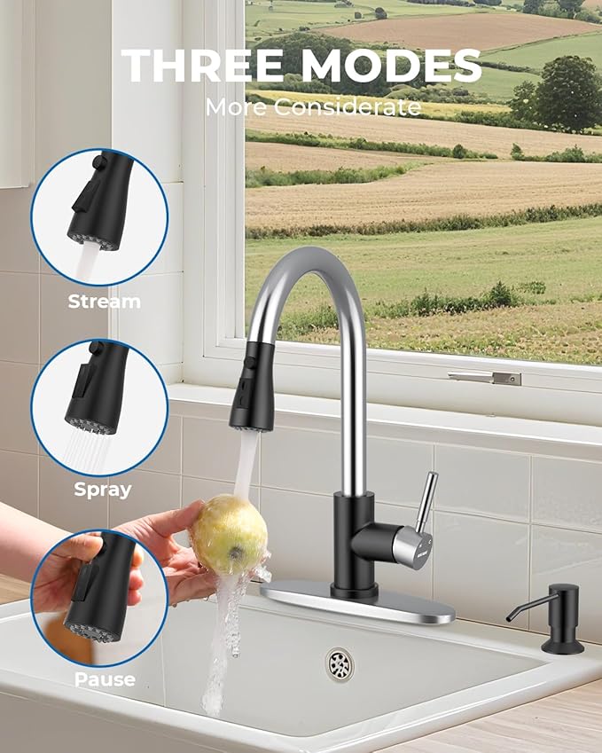 WEWE Kitchen Faucet with Soap Dispenser and Pull Down Sprayer RV Single Handle Classic 3 Modes Stainless Steel Faucet for Kitchen Sink RV Black and Polished Chrome