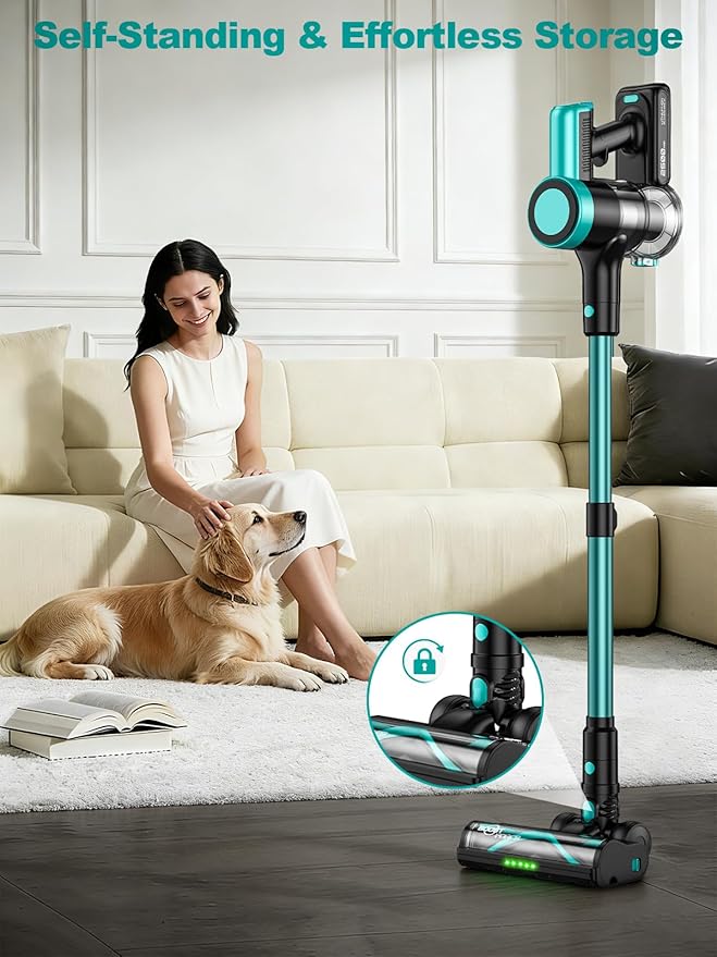 Cordless Vacuum Cleaner 58Kpa Vacuum Cleaners for Home 55Mins Stick Vacuum with Self-Standing &amp LED Display Anti-Tangle &amp Wall Mount Charging (Cyan)