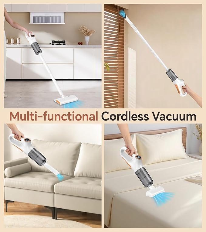Cordless Vacuum Cleaner Stick Vacuum Cordless Rechargeable with Powerful Suction and LED Display Portable Vacuum Cleaners for Home Wireless Vacuum for Hardwood Floor Carpet Pet Hair White