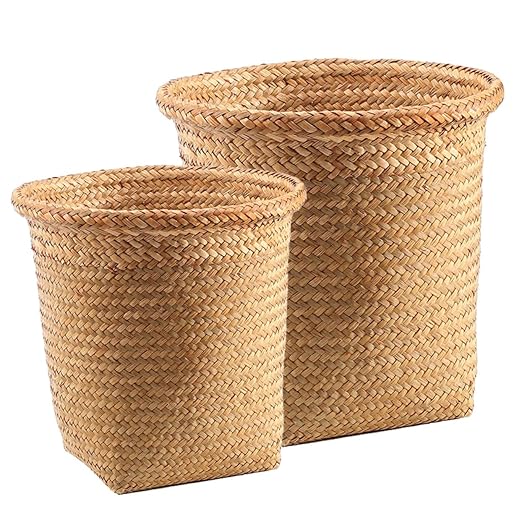 Kichvoe Seagrass Trash Can 2pcs Round Wicker Waste Basket Boho Woven Garbage Bin Laundry Hamper Basket Rattan Plant Pot Cover for Kitchen Bathroom Home Office
