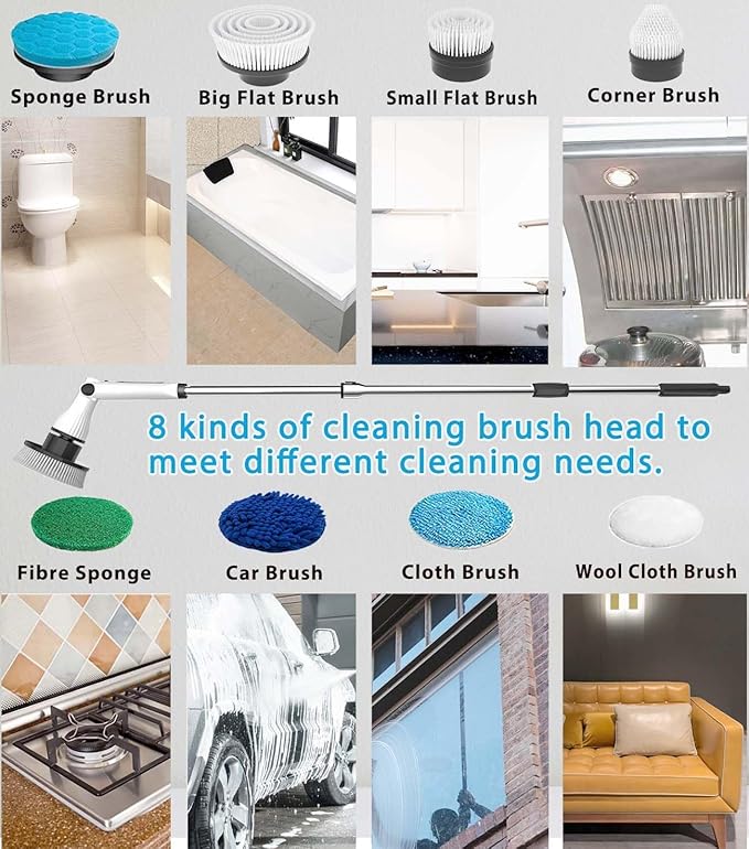 Electric Spin Scrubber 8 in 1 Electric Cleaning Brush Cordless Rechargeable Scrub Brush with 8 Replaceable Brush Heads Adjustable Length and Angle Power Scrubber for Bathroom Tile Bathtub Glass