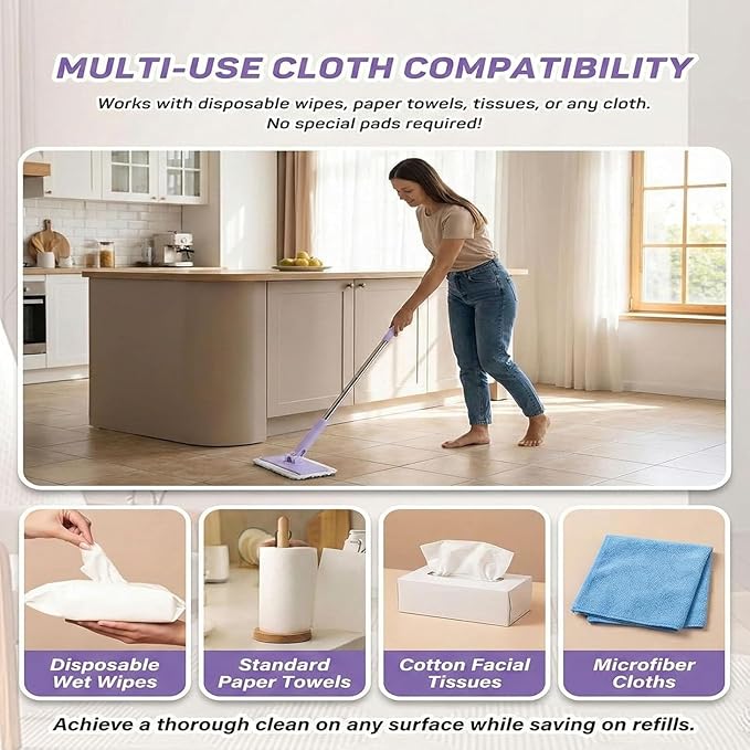 2026 Upgraded Snap Grip Mini Mop Zero Touch Hands-Free Mini Mop with Automatic Push Pull Handle Cloth Changing Retractable Disposable Dust Mop for Multi-Surface Home Cleaning(Purple15pc)
