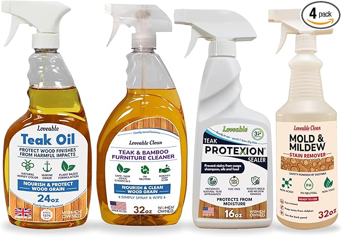 Loveable EcoDecors Complete Teak Care Bundle - 24oz Teak Oil 32oz Cleaner 16oz Protexion and 32oz Stain Remover