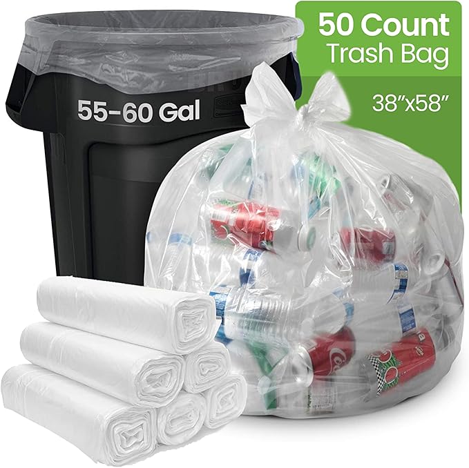 50 PCs Large Trash Bags 55 to 60 Gallon Heavy Duty – 38 x 58 Clear Garbage Bags for Recycling &amp Outdoor Use – Tear-Resistant Large Plastic Bags for Lawn Yard Waste and Storage