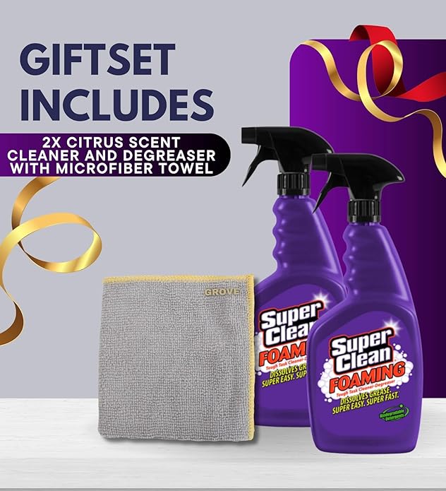 Super Clean Citrus Scent Foaming Cleaner and Degreaser Spray 32 oz Bundle with Microfiber Cloth - Heavy Duty Degreaser for Kitchen Oil Grime and Dirt Removal - (3 Items)